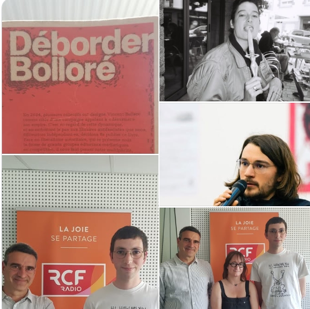 capture d'écran de la page facebook du compte rcf de delphine freyssinet avec la photo du livre déborder bolloré, des photos des invités dans les locaux de rcf devant le logo et des photos des invités présents par téléphone