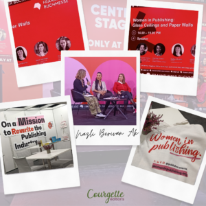 Collage de photos de l’événement Women in Publishing à la Foire du livre de Francfort, montrant une table ronde sur les femmes dans l’édition et la participation de Nazlı Berivan Ak.