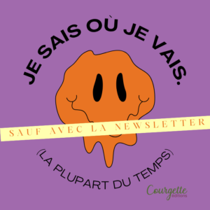 visuel d'une tête de bonhomme orange décomposée sur fond mauve avec le le texte: je sais où je vais. la plupart du temp, sauf avec la newsletter
