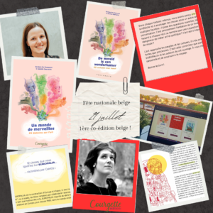 montage canva avec des photos de isabelle geeraerts et barbara de munnynck et quelques capture d'écran du livre un monde de merveilles, 25 histoires sur l'art, ainsi que la couverture en français un monde de merveilles et la couverture en néerlandais des éditions pelckmans, de wereld is een wonderkamer et la date du 21 juillet, fête nationale belge avec l'annonce de cette première co-édition belge