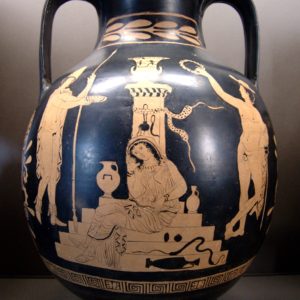 photo d'un vase grec au musée du Louvre de Oreste Electre et Hermès