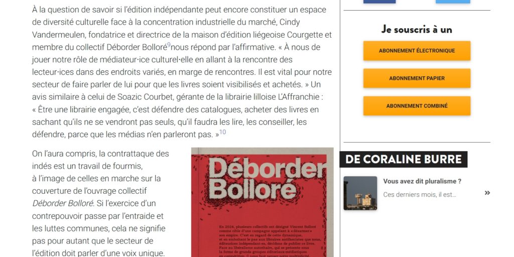 capture de l'écran de l'article où l'on voir qu'on parle de déborder bolloré avec une partie de la couverture et le nom de cindy vandermeulen et de courgette éditions