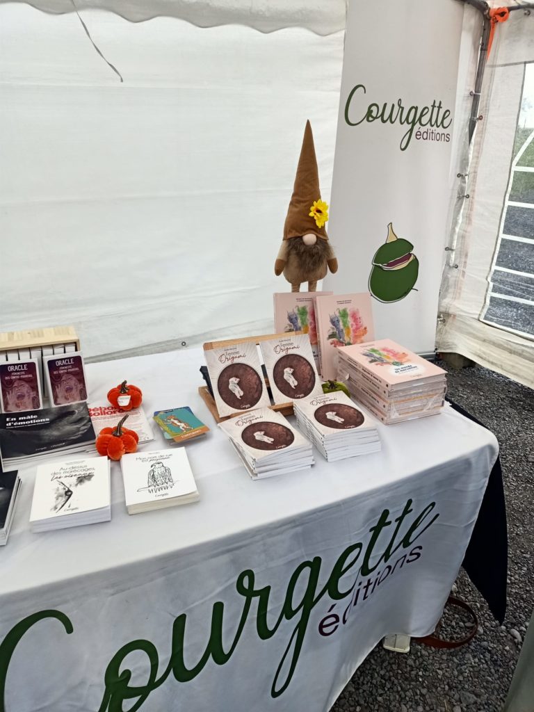 photo du stand courgette éditions avec les derniers livres femme origami et un monde de merveilles