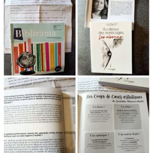 Photomontage de la revue Biblirama n° 161 de la FIBBC, avec un courrier adressé à Cindy Vandermeulen, le livre Au-dessus des marécages, les oiseaux de Jacinthe Mazzocchetti, un article consacré à l’autrice et une page présentant ses coups de cœur artistiques.