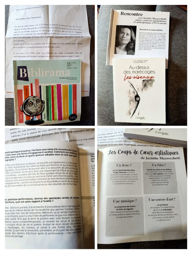Photomontage de la revue Biblirama n° 161 de la FIBBC, avec un courrier adressé à Cindy Vandermeulen, le livre Au-dessus des marécages, les oiseaux de Jacinthe Mazzocchetti, un article consacré à l’autrice et une page présentant ses coups de cœur artistiques.